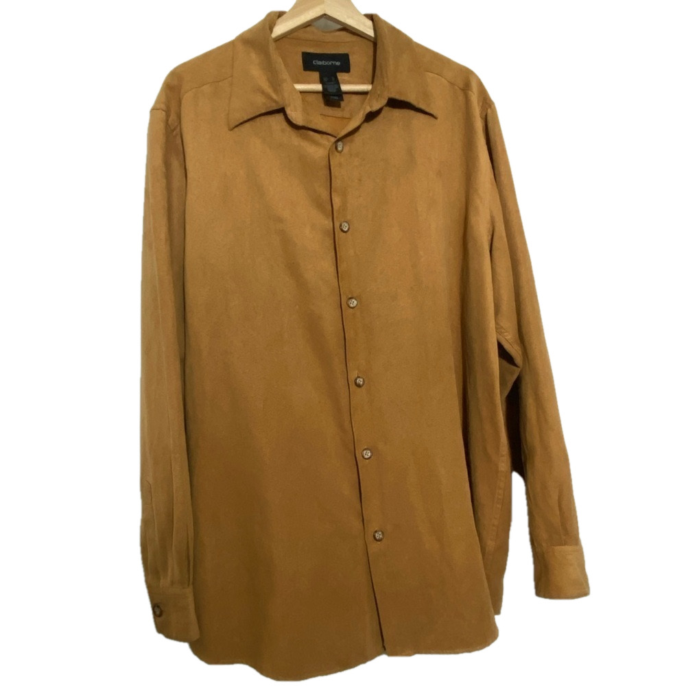 CLAIBORNE men’s mustard yellow suede long sleeves button down oversized shirt
